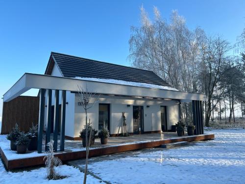 莫斯纳Domek Las&Luz Moszna BALIA的雪中带黑色屋顶的小房子