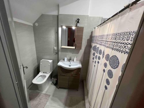 a small bathroom with a sink and a toilet at Eftyhia's Cozy apartment Patmos in Skala