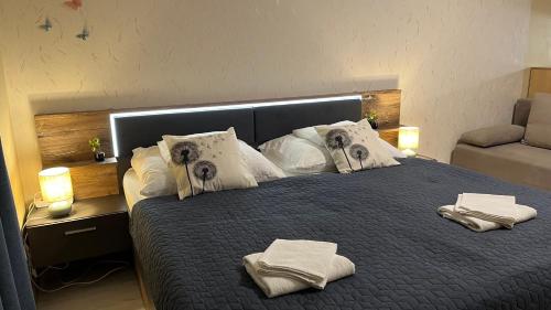 佐洛卡罗斯Bóbita Apartman的卧室里有一张大床，床上铺着毛巾。