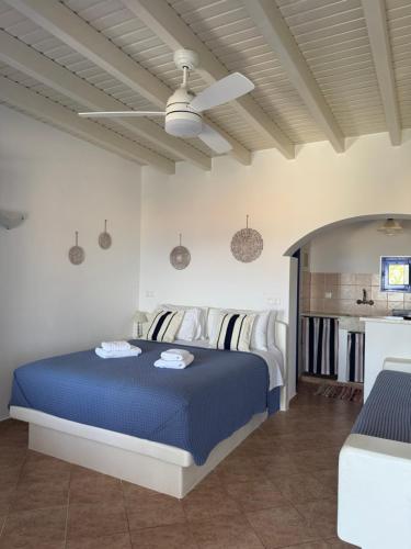 ein Schlafzimmer mit einem Bett und einem Deckenventilator in der Unterkunft Aperanto Galazio in Koufonisia