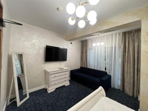 百乐·奥拉内斯蒂Pensiunea Izvoare Olanesti 3***的客厅里有一张蓝色沙发和一台电视