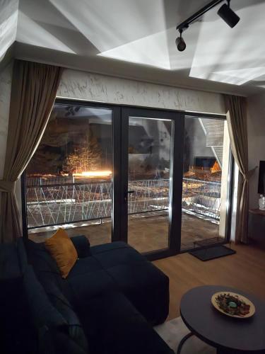 兹拉蒂博尔ZEN Luxury Houses & Spa的带沙发和大窗户的客厅