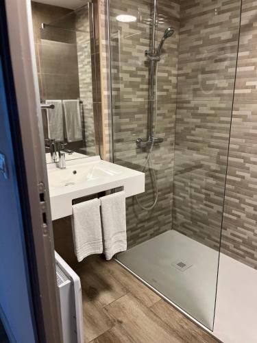 a bathroom with a shower and a sink at Le Neoulous in Le Boulou