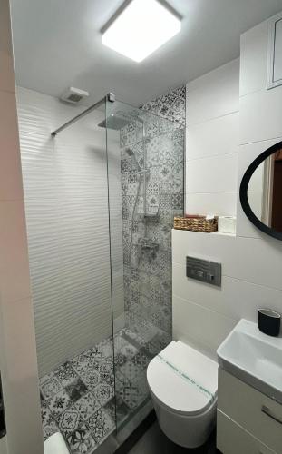a bathroom with a toilet and a glass shower at Spania Studio in Craiova