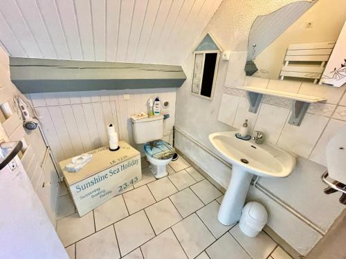 a small bathroom with a sink and a toilet at Chambres d'Hôtes Lefoulon in Pirou