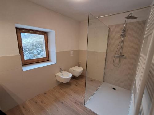 a bathroom with a toilet and a glass shower at La Casa di Elvira-Primo Piano in Piaia