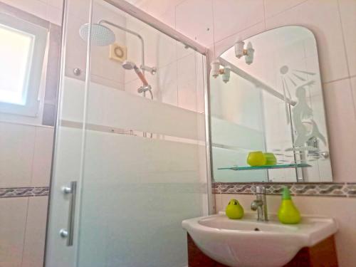 un bagno con lavandino e doccia con specchio di Moradia T2 com vista para a serra - Alverca a Alverca