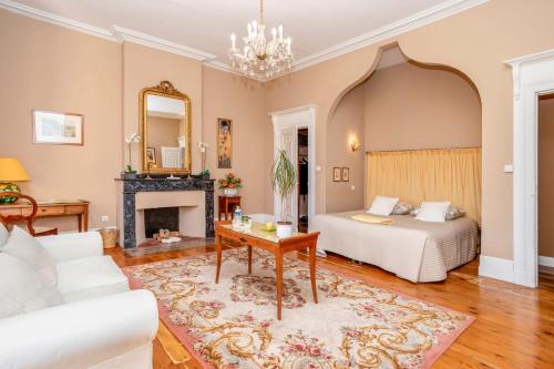 Una sala de estar con una cama y una chimenea. en Château du pegulier location intégrale, en Montaut-de-Crieux