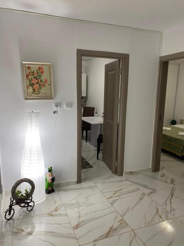 een kamer met een hal met een tafel en een lamp bij Lemora Apartments in Focşani