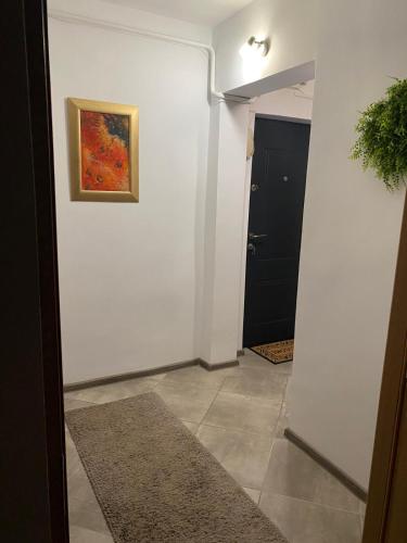 einen Flur mit einem Gemälde an der Wand und einer Tür in der Unterkunft Lemora Apartments 2 in Focşani