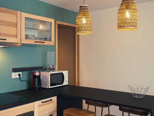 勒格兰阿伯尔热芒L'échappée Belle的厨房配有带微波炉和两盏灯的柜台