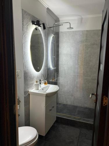 a bathroom with a sink and a shower with a mirror at Apartament 2 camere ultracentral in Craiova