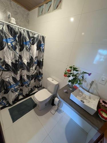 a bathroom with a toilet and a sink and a shower curtain at Flor de Lótus - Vista ao mar in Ilha de Boipeba