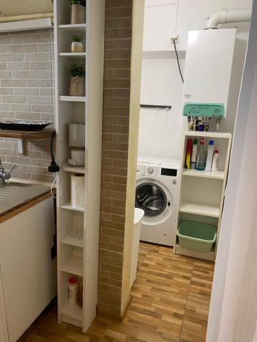 een wasruimte met een wasmachine en een wasmachine bij Lemora Apartments 3 in Văleni
