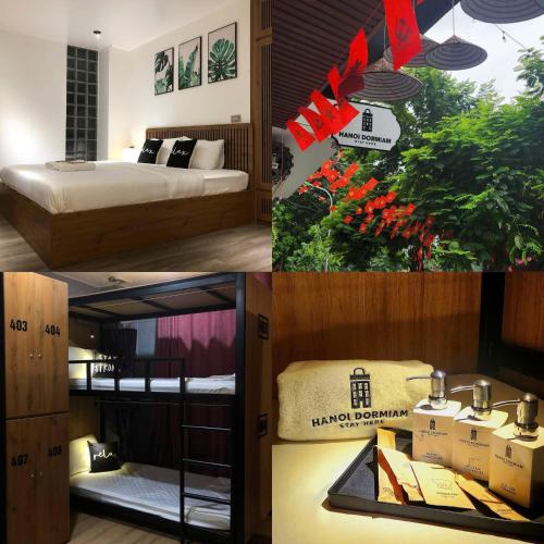 two pictures of a room with a bed and boxes at Hanoi Dormiam - Wonderful Sightseeing of West Lake in Hanoi