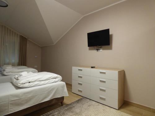 a bedroom with two beds and a tv on the wall at Rivera Raška in Raška