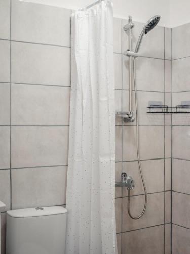 a bathroom with a shower curtain and a toilet at Guest house ''Viktoria'' in Simitli