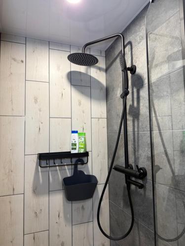 a shower in a bathroom with a glass door at Near Passage in Jelgava