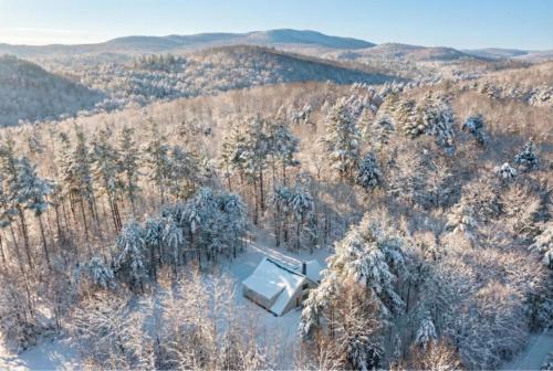 an aerial view of a house in a snowy forest at Stratton Ski Haus, Green Mountain Wellness Retreat, Hot Tub & Barrel Sauna in Jamaica
