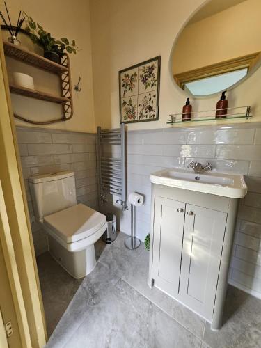 a bathroom with a toilet and a sink at The Bluebell in Bath