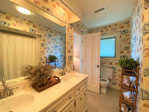 Un baño con lavabo, inodoro y espejo. en Edwards, en Edisto
