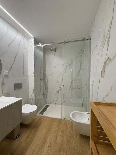 a bathroom with a shower and a toilet and a sink at New Douro Tower 206 with shared pool and parking in Vila Nova de Gaia