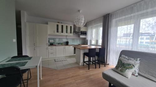 a kitchen and living room with a couch and a table at Apartament Leśny Ząbki in Ząbki