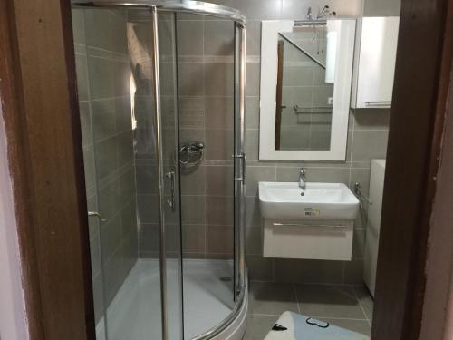 y baño con ducha y lavamanos. en Apartments Banjac, en Maribor