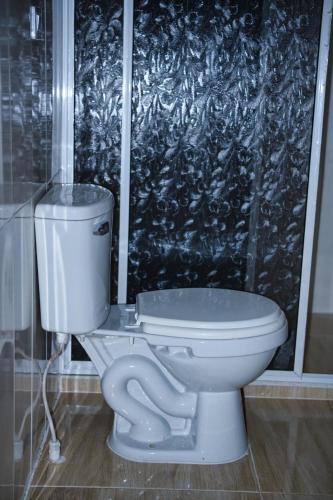 a white toilet in a bathroom with a shower at Posadas Jamaica in Bahía Solano
