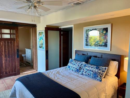 ein Schlafzimmer mit einem Bett mit blauen Kissen und einer Decke in der Unterkunft Canyon Lake House with Lake View in Canyon Lake