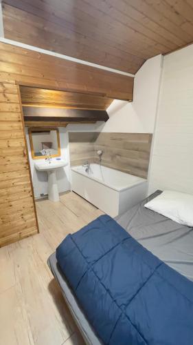 a bedroom with a bed and a tub and a sink at Résidence Bardon-Perry in Le Mont-Dore