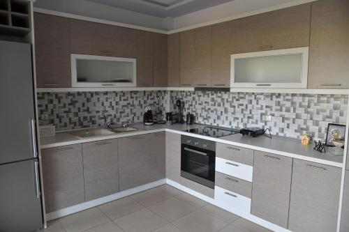 una cucina con elettrodomestici in acciaio inossidabile e pareti piastrellate di Cactus luxury apartment oreoi a Oreoi