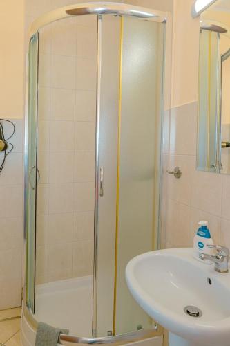 a bathroom with a shower and a sink at Apartamenty Klemens in Puck