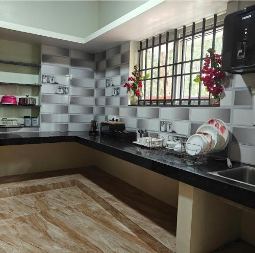 SomvārpetにあるNature Chirps Coorg farmview villaのキッチン(カウンター、シンク、窓付)