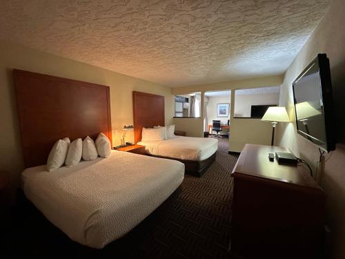 梅迪辛哈特Wyndham Garden Medicine Hat Conference Center的一间配有两张床和一台平板电视的酒店房间