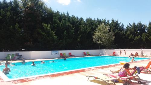 a large swimming pool with people in the water at Mobil Home - Domaine du Galant in Les Mathes