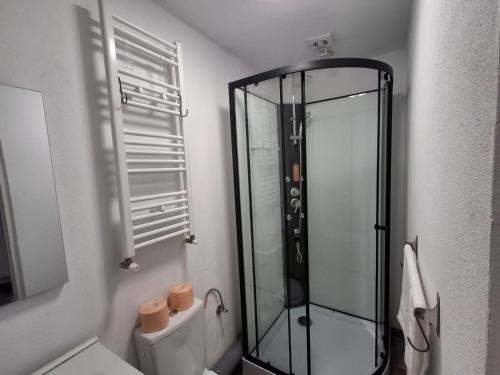 a bathroom with a toilet and a glass shower at Casa Stadion in Craiova