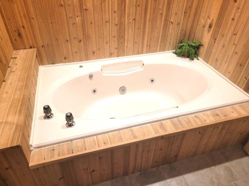 a jacuzzi tub with a plant in it at New! Crystal Pines - Lovely Crystal Mountain Cabin in Thompsonville