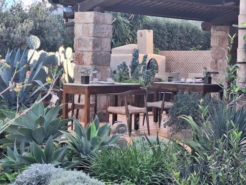 een patio met tafels en stoelen in een tuin bij Baglio Giammaccaro in Castelluzzo