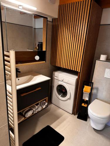 ラ・モットにあるT2 moderne rdc toutes commoditésのバスルーム(洗濯機、洗濯機付)