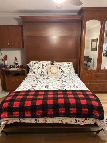 梅戈格Au p'tit cocon sur le lac的卧室里有一张床，床上铺着一条黑红格子毯子。