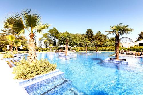 a large swimming pool with palm trees in a resort at Primoretz Grand Hotel & Spa in Burgas City