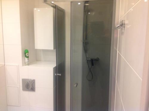 een douche met een glazen deur in de badkamer bij Nordic Apartamenty Lipowa in Białystok
