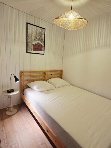 Un dormitorio con una cama y una lámpara y una luz. en L'Epicéa - Logement Nature, en Mijoux
