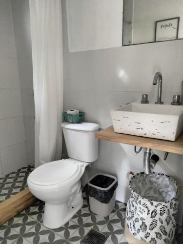 a bathroom with a toilet and a sink at Minicasas cerca del rio Los Reartes in Villa Ciudad Parque