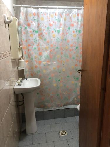 un bagno con tenda da doccia e lavandino di Piltri2 monoambiente a El Bolsón