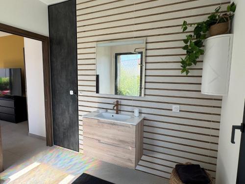 un bagno con lavandino e specchio di Casa Nostra Villa Récente Climatisée - Piscine Chauffée a Lecci