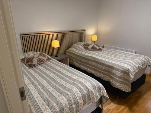 恩舍尔兹维克Exklusivt boende i Örnsköldsvik的房间里有两张并排的床