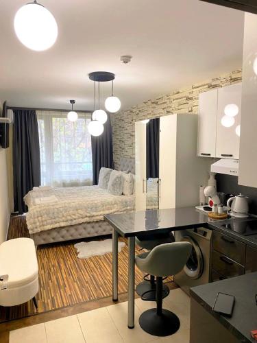 a kitchen with a table and a bed in a room at Luxury studio Perun Lodge in Bansko