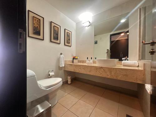 墨西哥城Bellísima Suite, 2 Camas Queen, Gym, en Interlomas的浴室里有洗手池、马桶和镜子。